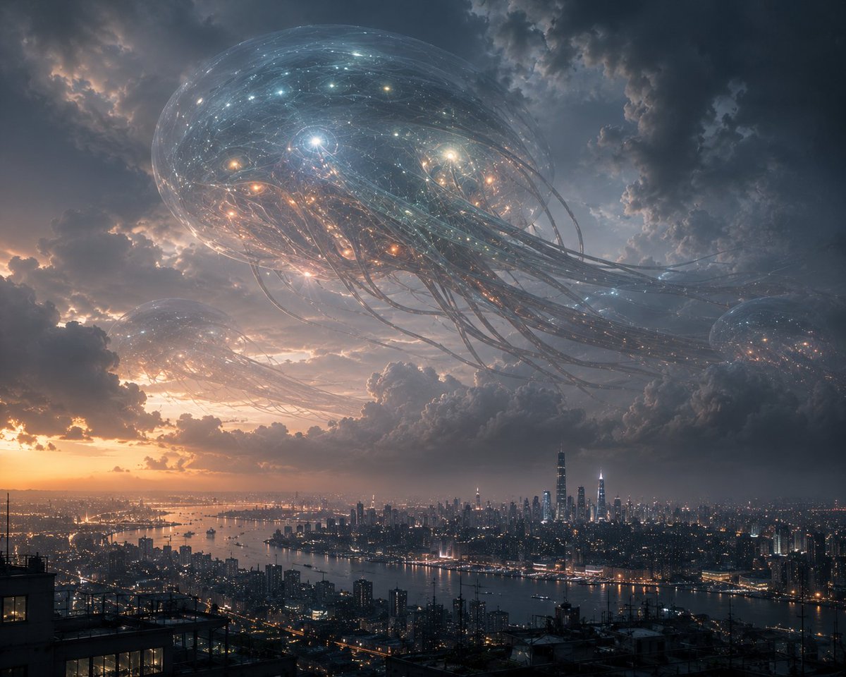 庞大的半透明宇宙巨兽在黄昏时分静静漂浮在广阔现代城市上空,大气云层密布的天空,巨大的水母般天体生物,内部神经光网发着光,飘动着丝状结构,柔和的电影光影,存在主义科幻写实风格,巨大的迁徙天空生物...