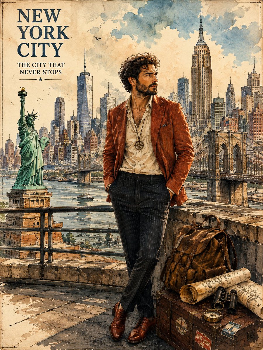 一幅精美的复古水彩纽约市（New York City, USA）旅行海报插画，采用优雅的手工钢笔水彩漫画风格绘制，具有电影般的景深与丰富的质感笔触。画面中一位英俊时髦的旅行者自信地站在屋顶观景...
