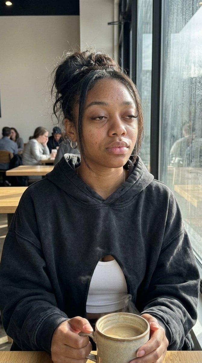 超写实 iPhone 抓拍摄影, 清晨,一位年轻女性坐在安静的咖啡馆里,靠窗的位置, 困倦、平静、略微走神, AU43 (沉重的放松眼皮), AU25 (嘴唇微张), AU14 (自然的嘴部不...