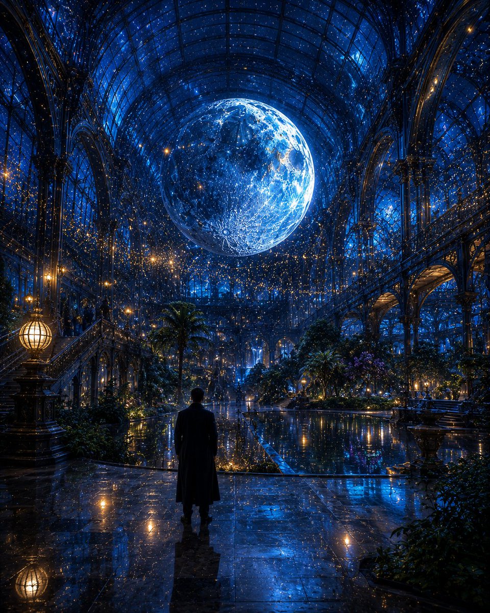 巨大的天体温室，深午夜蓝色光芒照亮，广阔的玻璃与铁结构温室建筑，内部满是郁郁葱葱的植物园与波光粼粼的池塘，巨大发光的月状球体悬吊在教堂规模的玻璃穹顶之下，无数金色颗粒如活的星尘般飘浮于空气中，...