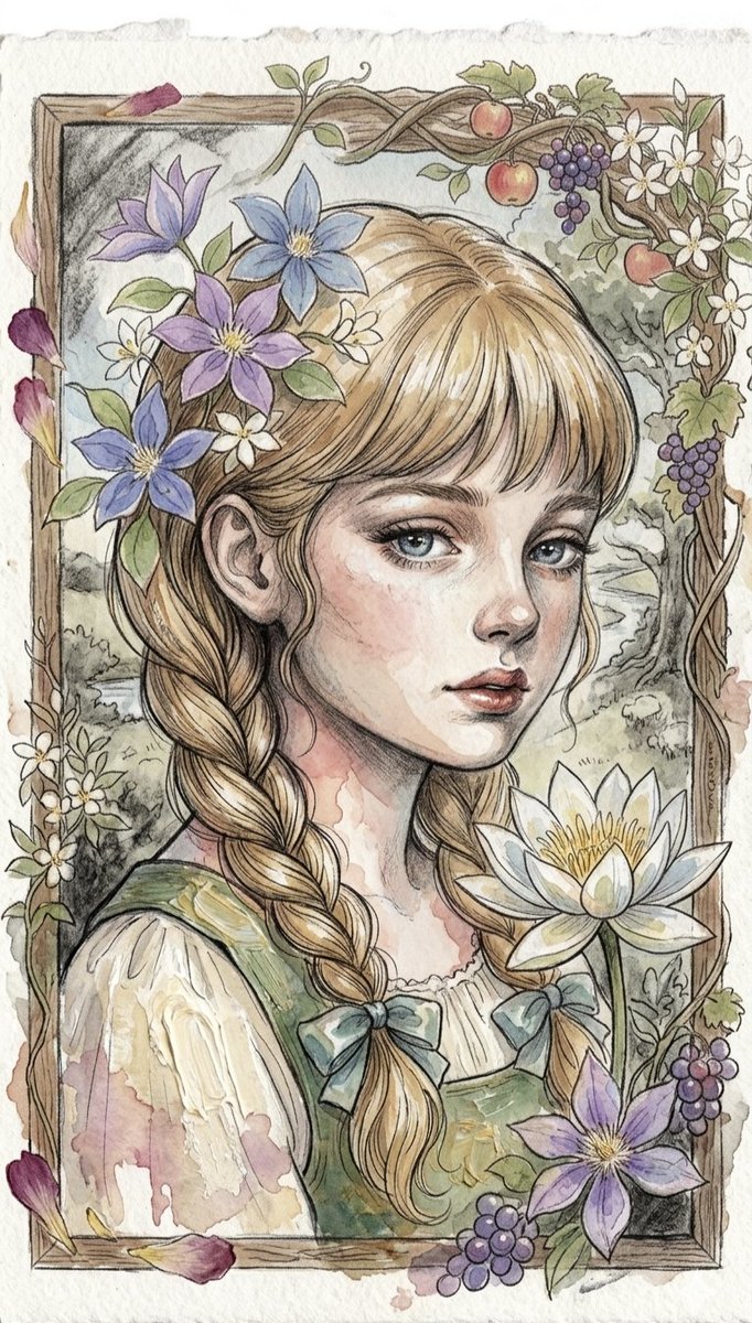 一幅优美的水彩水墨插画，描绘了一个年轻女孩：她有着清澈的蓝眼睛、柔和红润的脸颊，浅棕色或金色头发编成两条长辫子，用蓝色小蝴蝶结系着。她的头发里编织着精致的紫色和白色铁线莲花朵。这幅肖像画被一个...