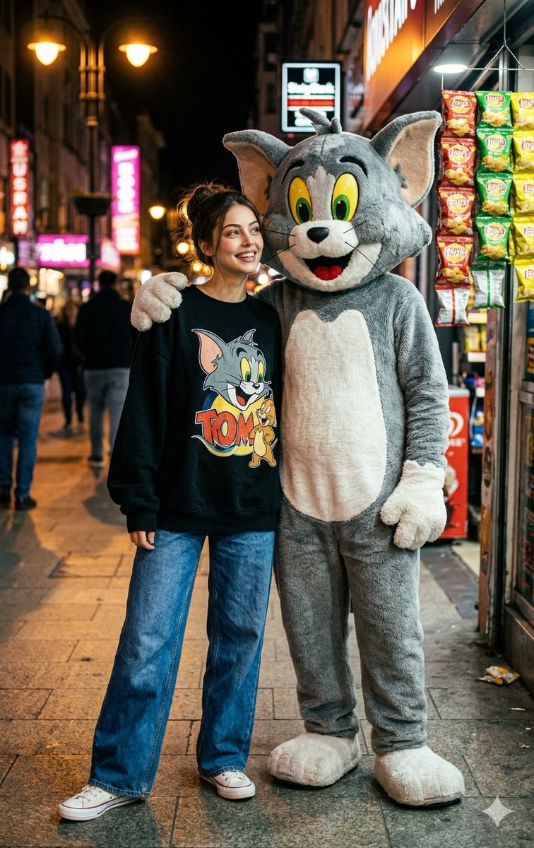 一张在夜晚温暖路灯下拍摄的全景街拍照片。 一位年轻女性留着齐肩的波浪状深棕色头发，身穿一件正面印有鲜艳卡通猫咪图案的黑色卫衣，搭配宽松的蓝色牛仔裤和白色运动鞋，她正站在一个穿着全身灰白色卡通猫...