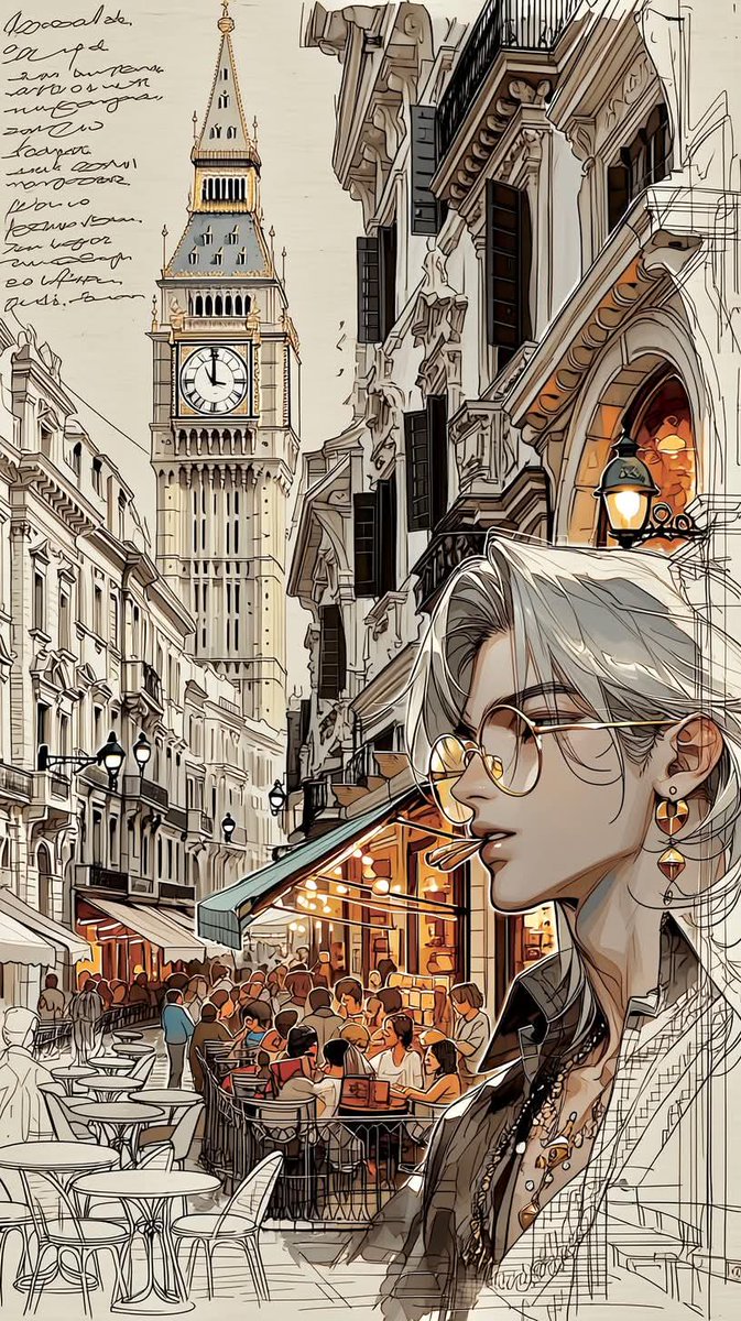 优雅的动漫旅行插画,精致的银发动漫男性,佩戴金色圆框眼镜与奢华珠宝,带有链条的精致耳饰,柔和而锐利的面部特征,平静自信的表情,伫立于受伦敦与巴黎启发的浪漫欧洲城市街道,背景为大本钟塔,复古咖啡...