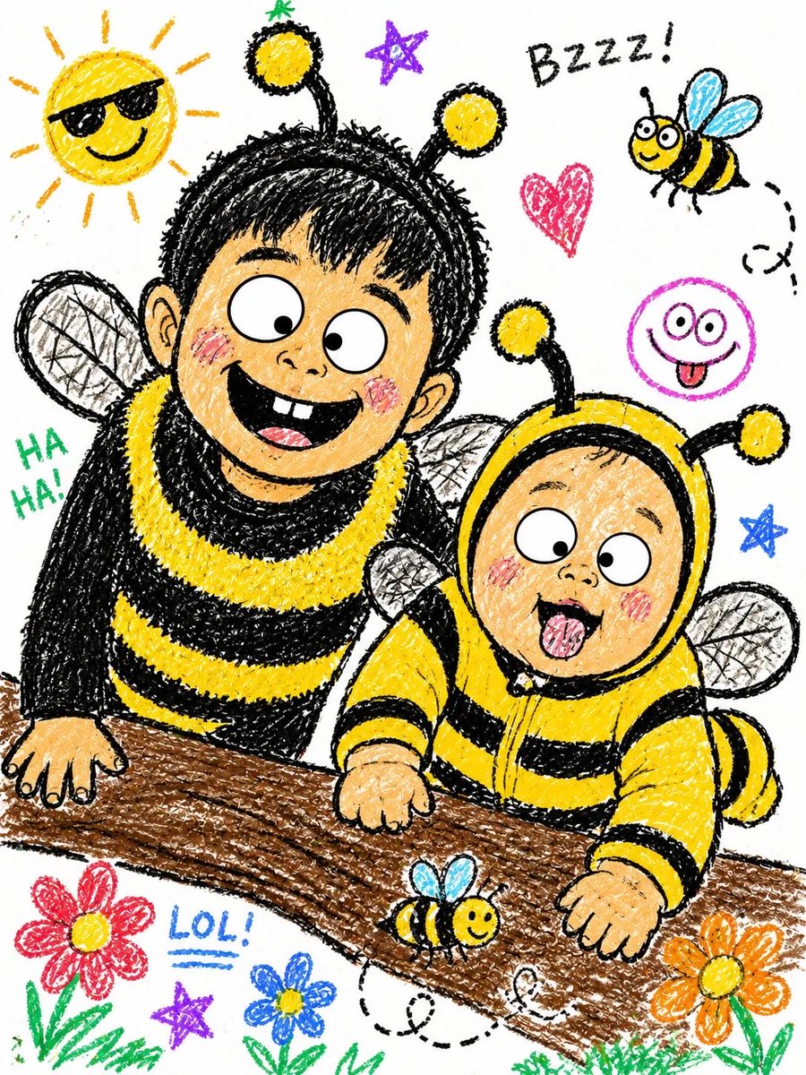 蜡笔画风格的人像插画：两个孩子穿着大黄蜂服装，靠在一道木栏上大笑。年纪稍大的孩子深色头发，戴着蜜蜂触角，背着黑白黄条纹翅膀；年幼的幼儿穿着完整的蜜蜂连体帽衫套装。周围的涂鸦包括：一个戴着墨镜的...