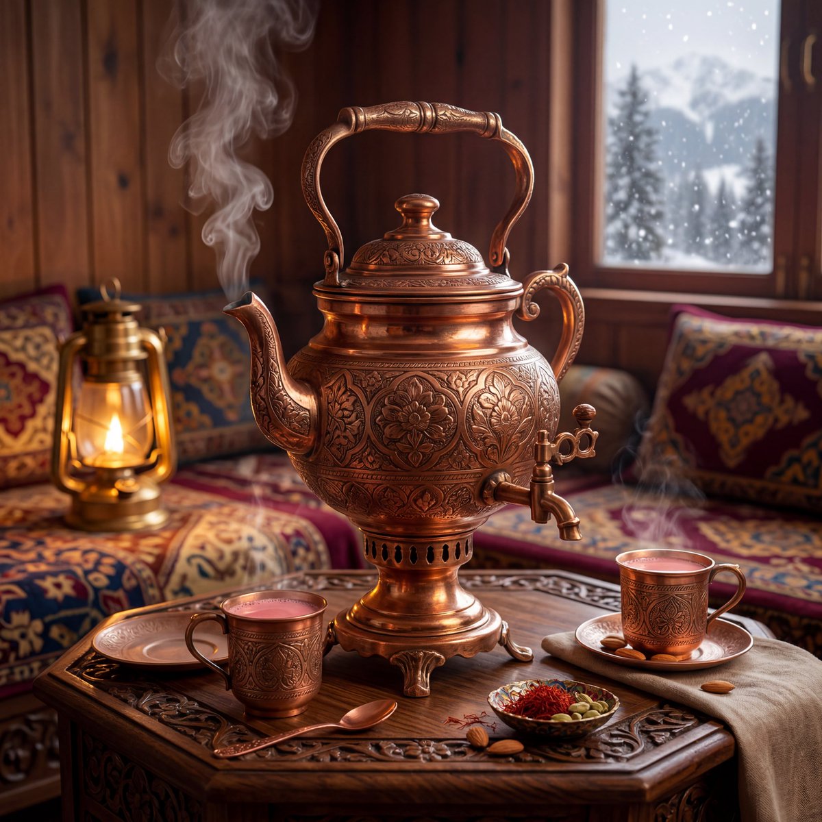 超精细奢华产品摄影，典雅的克什米尔传统samawar（萨马瓦尔茶炊），手工雕刻的铜质壶身带有精致的花卉雕刻，丰富温暖的金属反光，正宗的克什米尔传统美学，置于雕花胡桃木桌上，周围环绕柔和的藏红花...