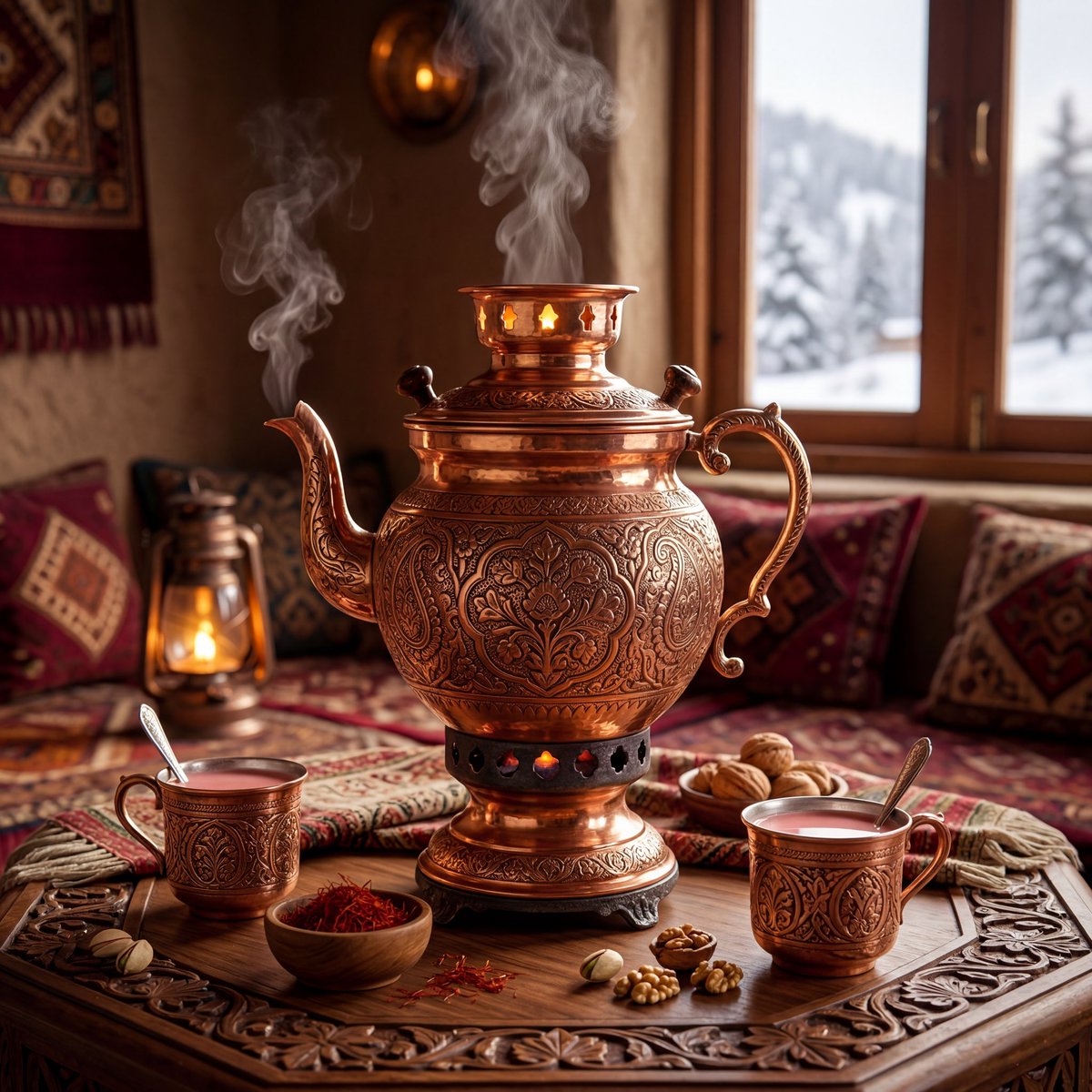 超精细奢华产品摄影，典雅的克什米尔传统samawar（萨马瓦尔茶炊），手工雕刻的铜质壶身带有精致的花卉雕刻，丰富温暖的金属反光，正宗的克什米尔传统美学，置于雕花胡桃木桌上，周围环绕柔和的藏红花...