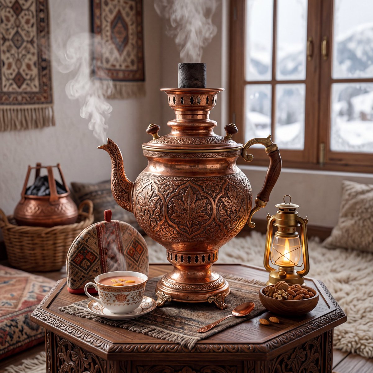 超精细奢华产品摄影，典雅的克什米尔传统samawar（萨马瓦尔茶炊），手工雕刻的铜质壶身带有精致的花卉雕刻，丰富温暖的金属反光，正宗的克什米尔传统美学，置于雕花胡桃木桌上，周围环绕柔和的藏红花...
