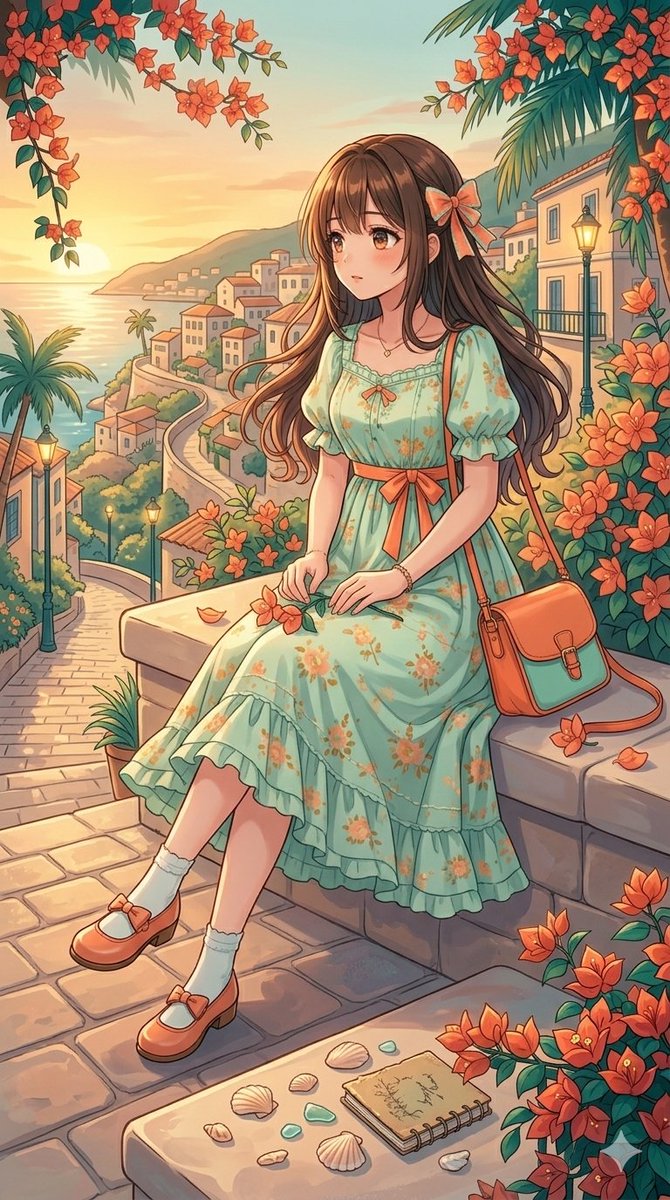 一幅美丽的动漫风格插画，描绘一位年轻女子，留着棕色长发，身穿淡绿色花卉图案的太阳裙，配以橙色装饰和同款发带。她正在日落时分探索风景如画的地中海海滨村庄。画面捕捉到她沿着鹅卵石街道漫步，浏览一个...