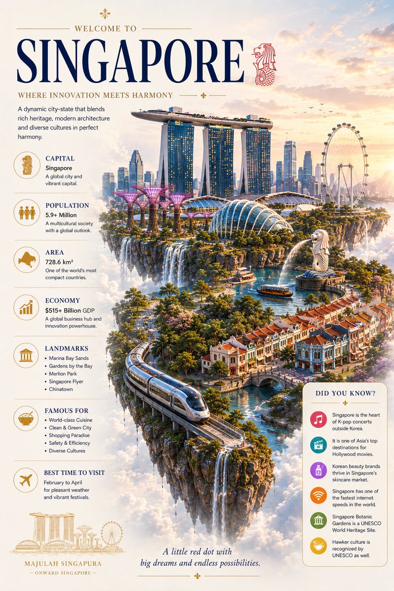 GPT Image on ChaTGPT 新加坡极简电影风格信息图表海报，优雅的悬浮岛屿漂浮在柔和的大气云层中，奢华的编辑旅行设计，明亮的象牙白与温暖的香槟米色背景，点缀着细腻的东南亚几何纹理...