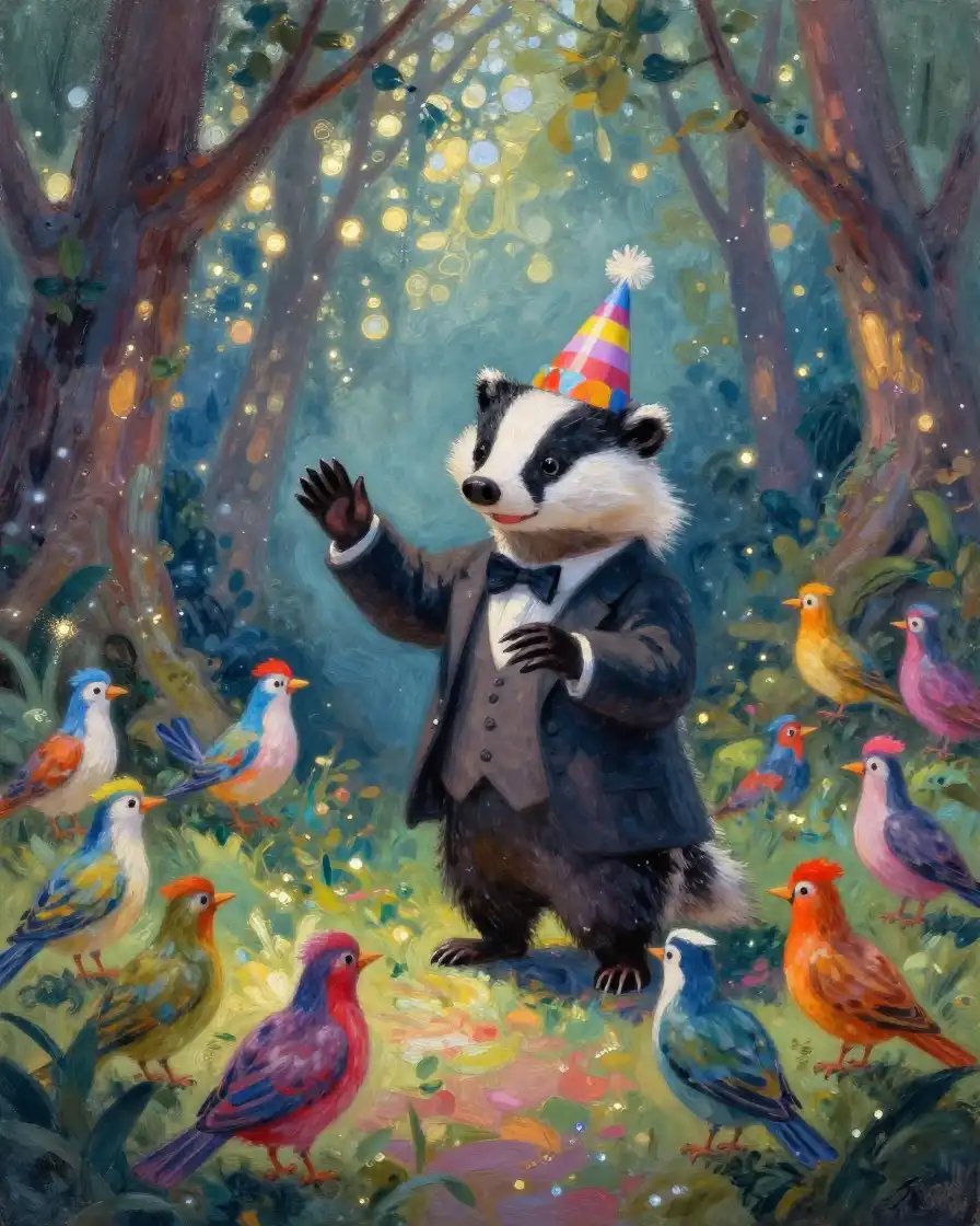 獾在闪烁斑驳的暮光树林中指挥一场活泼的鸟类乐团,印象派风格,光线流动效果。https://t.co/DfBjiEQiEr