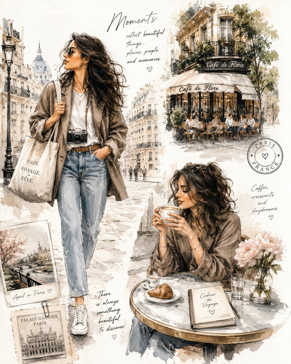 一幅优雅的水彩时装插画，描绘一位时尚的年轻女性探索风景如画的欧洲城市与温馨咖啡馆，柔和的手绘水彩质感，富有表现力的钢笔素描轮廓，长长的波浪状深色头发，时尚超大夹克、牛仔裤、托特包、运动鞋、复古...