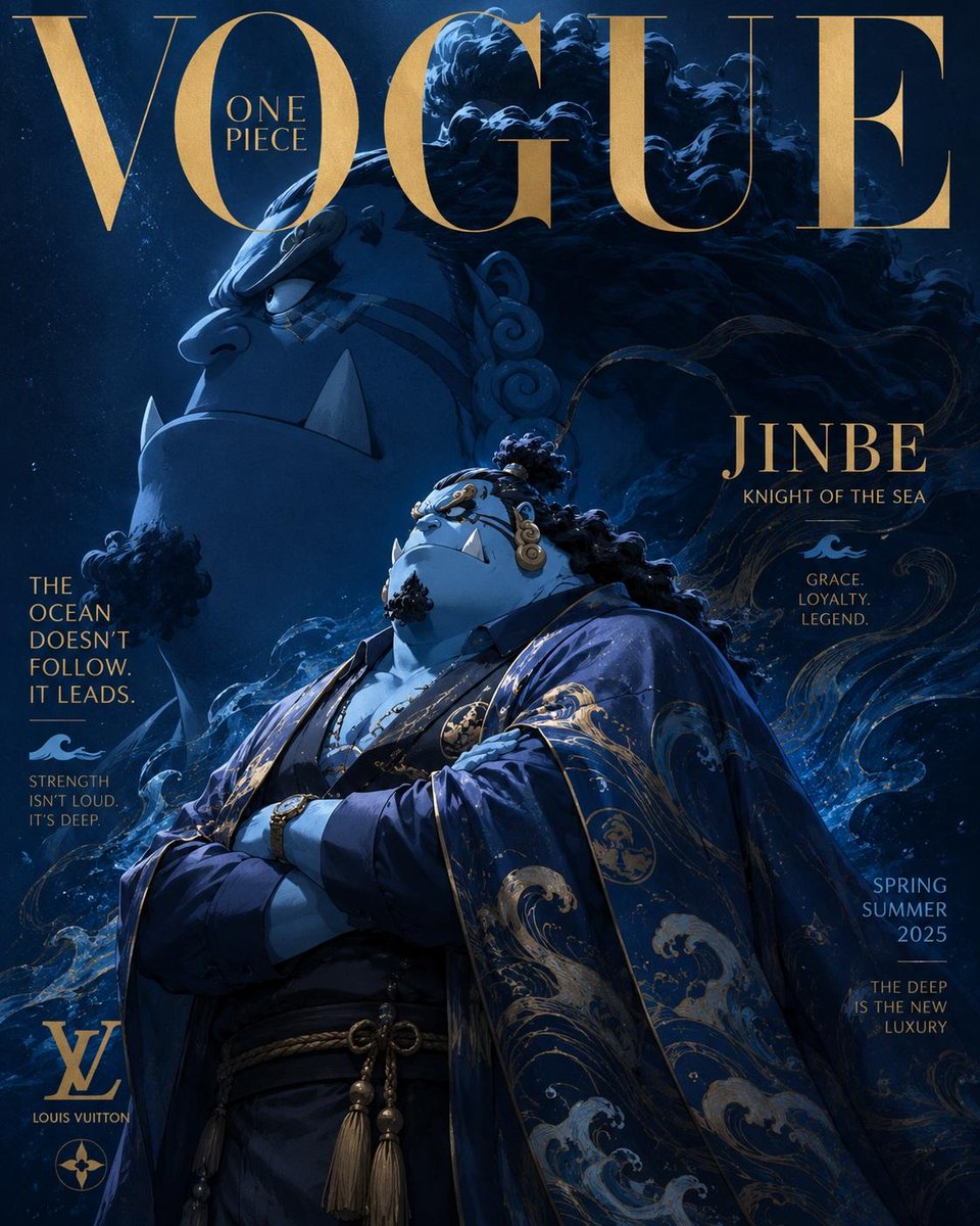奢华动漫时尚杂志封面，灵感源自《Vogue》与高级定制时装大片，《海贼王》角色重塑为精英时尚偶像，戏剧化的电影级构图，超精细动漫插画，高端杂志排版字体，优雅衬线字体，光泽感奢华杂志版面，黑暗阴...