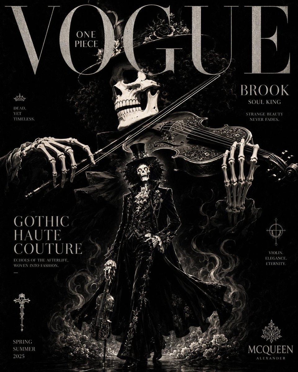 奢华动漫时尚杂志封面，灵感源自《Vogue》与高级定制时装大片，《海贼王》角色重塑为精英时尚偶像，戏剧化的电影级构图，超精细动漫插画，高端杂志排版字体，优雅衬线字体，光泽感奢华杂志版面，黑暗阴...