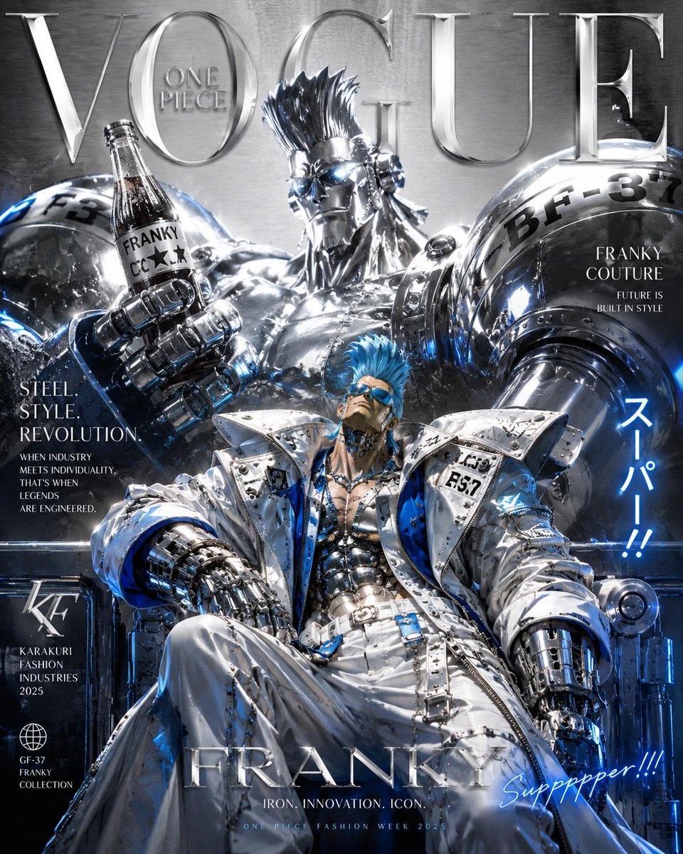 奢华动漫时尚杂志封面，灵感源自《Vogue》与高级定制时装大片，《海贼王》角色重塑为精英时尚偶像，戏剧化的电影级构图，超精细动漫插画，高端杂志排版字体，优雅衬线字体，光泽感奢华杂志版面，黑暗阴...