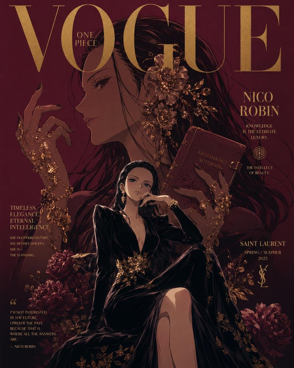 奢华动漫时尚杂志封面，灵感源自《Vogue》与高级定制时装大片，《海贼王》角色重塑为精英时尚偶像，戏剧化的电影级构图，超精细动漫插画，高端杂志排版字体，优雅衬线字体，光泽感奢华杂志版面，黑暗阴...