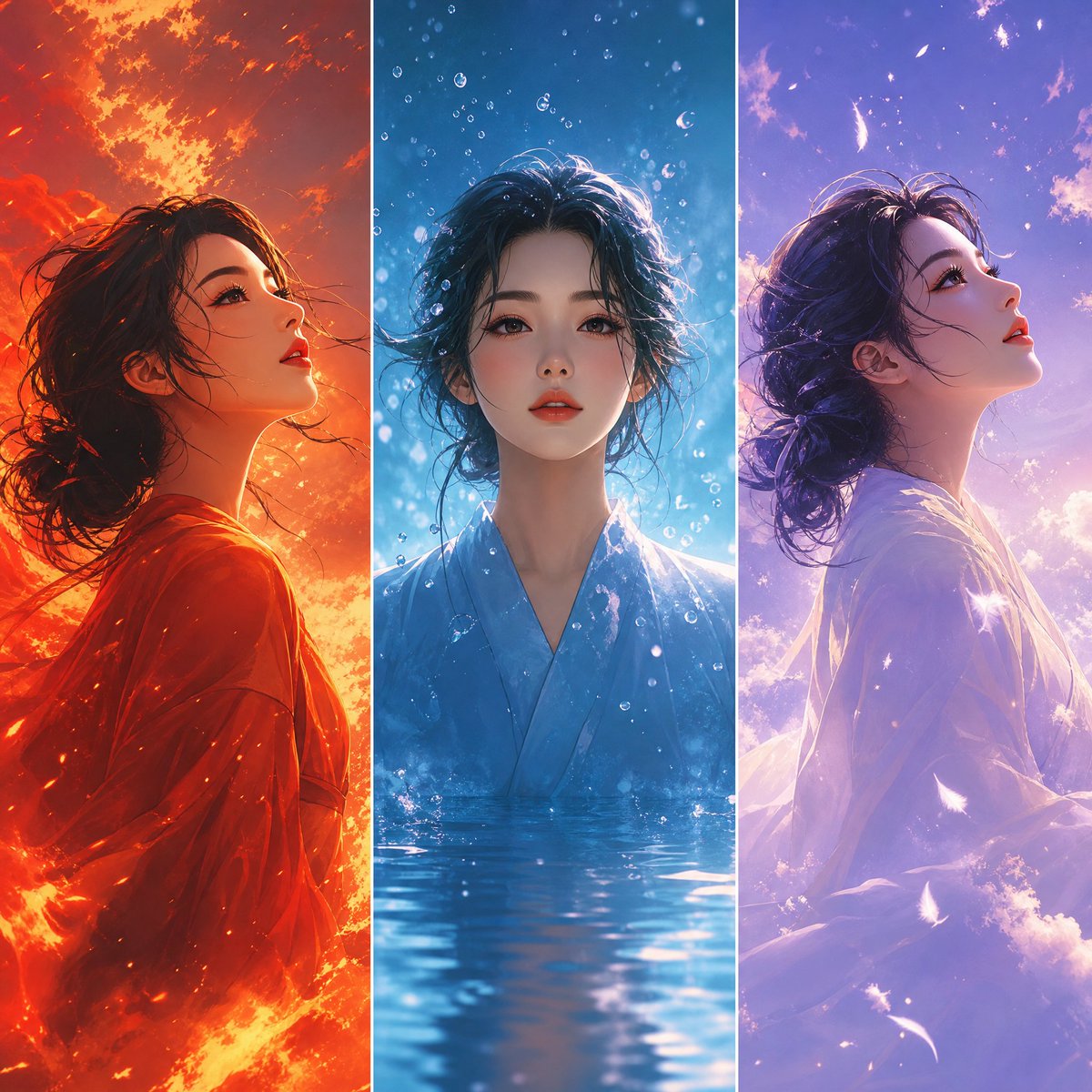 创作一幅 9:16 纵向三联画作品，画面中为同一位女性角色置身于三个不同的元素世界，每个分镜采用不同的色彩主题与姿态变化。 角色： 优雅的年轻女性，电影级动漫与写实混合风格，面部刻画精致，光影...