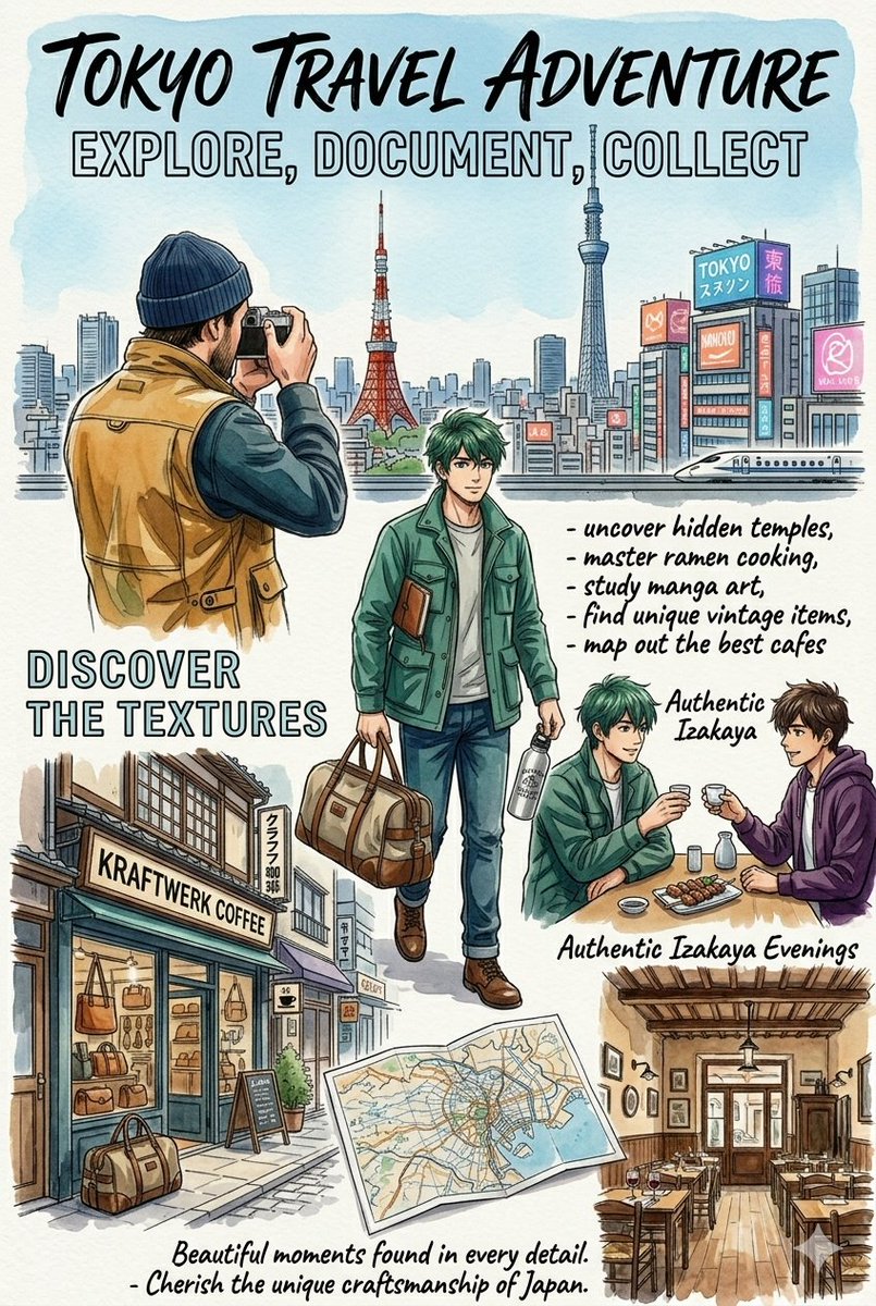 一幅艺术性的、纵向的旅行手账风格拼贴插画，画面中是一位英俊的年轻人，他有着浓密蓬松的棕色卷发和淡淡的胡茬。整幅作品以细致的水彩晕染与精细的钢笔素描技法绘制而成，主色调以浓郁的橄榄绿、温暖的棕褐...