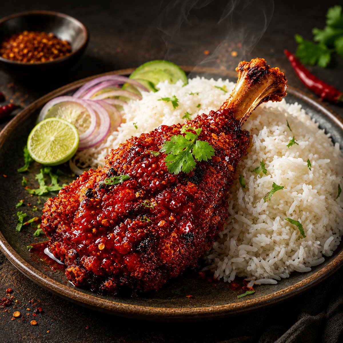 { "visual_style": "hyper-realistic cinematic food photography", "mood": "warm, spicy, rich, appe...