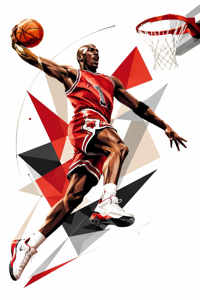 创作一幅风格化的几何立体主义体育海报,以迈克尔·乔丹(Michael Jordan)为主角,采用一个标志性的篮球姿势,灵感源自传奇的 NBA 美学与现代奢华体育艺术。使用现代抽象矢量插画风格,...