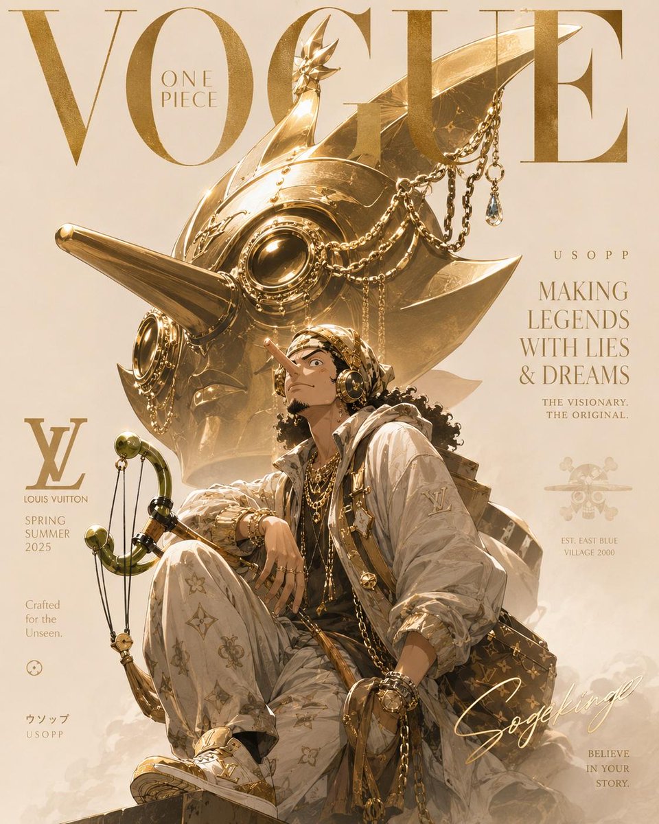 奢华动漫时尚杂志封面,灵感来自高端Vogue编辑美学,标志性的《海贼王》角色重新构想为高级定制时装模特,戏剧性的电影级打光,超精细动漫插画,优雅的衬线字体排版,高级杂志版面设计,黑金奢华色调,...