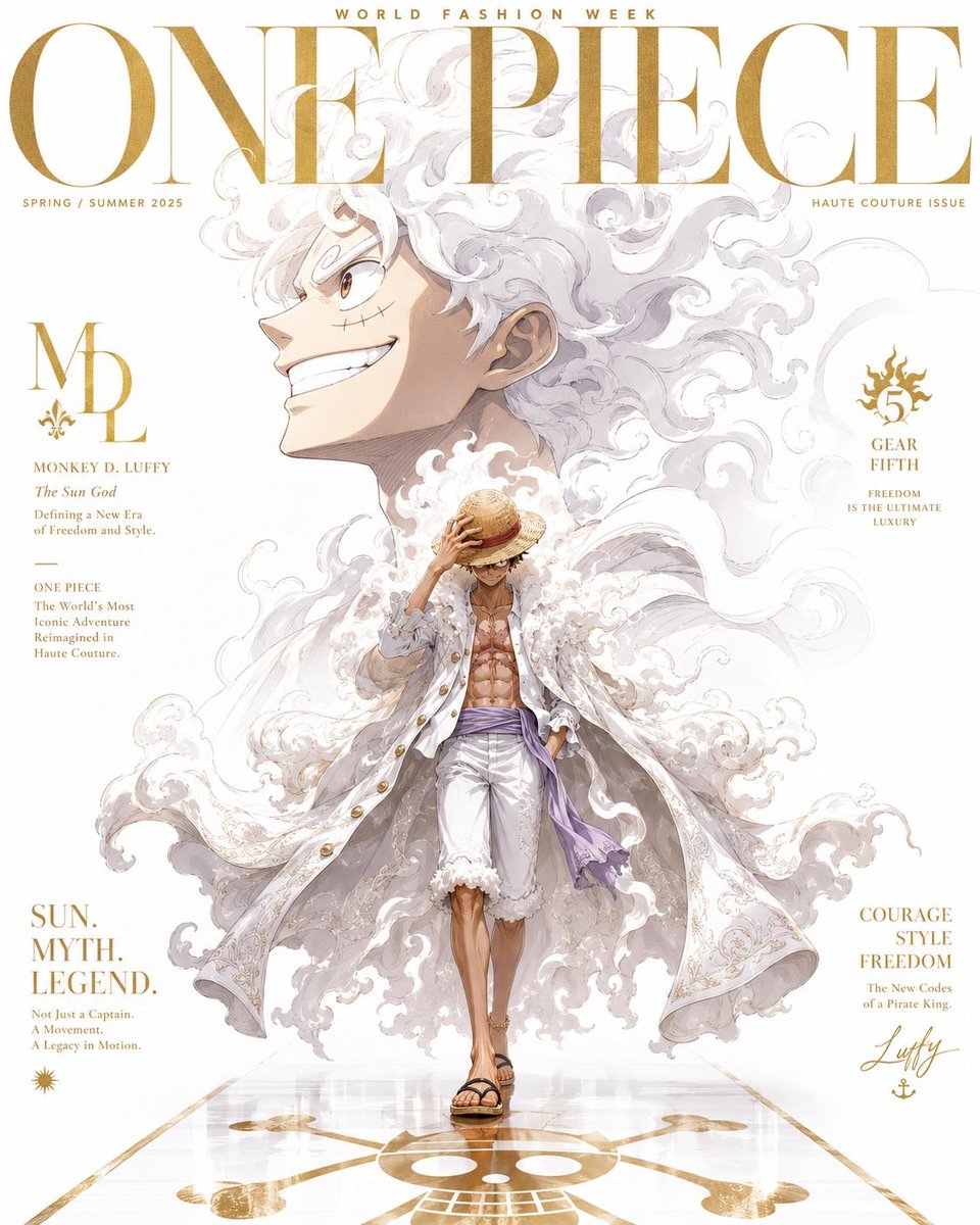 奢华动漫时尚杂志封面,灵感来自高端Vogue编辑美学,标志性的《海贼王》角色重新构想为高级定制时装模特,戏剧性的电影级打光,超精细动漫插画,优雅的衬线字体排版,高级杂志版面设计,黑金奢华色调,...