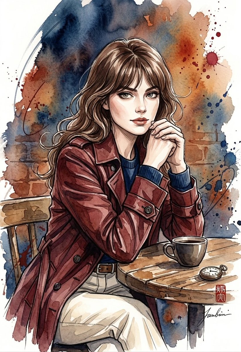 一幅惊艳的水彩与墨水插画，描绘一位时尚年轻女性。她拥有波浪状的齐肩棕色头发和轻盈的刘海，面部表情丰富而优雅，轮廓线条分明，眼神迷人。她身穿深红棕色或酒红色的风衣，内搭深藏青色圆领毛衣，下身是塞...