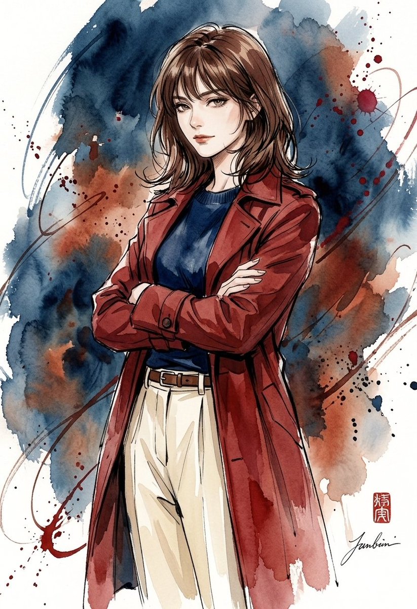 一幅惊艳的水彩与墨水插画，描绘一位时尚年轻女性。她拥有波浪状的齐肩棕色头发和轻盈的刘海，面部表情丰富而优雅，轮廓线条分明，眼神迷人。她身穿深红棕色或酒红色的风衣，内搭深藏青色圆领毛衣，下身是塞...