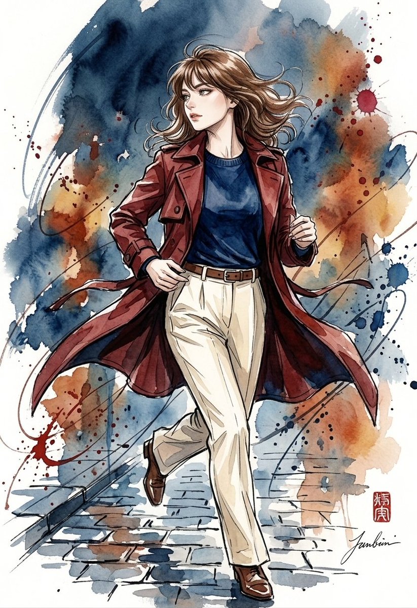一幅惊艳的水彩与墨水插画，描绘一位时尚年轻女性。她拥有波浪状的齐肩棕色头发和轻盈的刘海，面部表情丰富而优雅，轮廓线条分明，眼神迷人。她身穿深红棕色或酒红色的风衣，内搭深藏青色圆领毛衣，下身是塞...