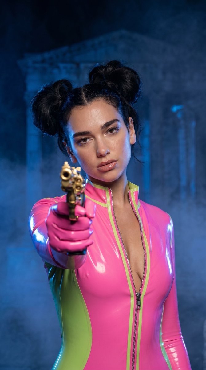 image_prompt, Dua lipa, 蓬松的波浪双丸子头（太空包头）, 双唇微微张开，带有光泽妆感, 精致淡妆, 自然肌肤纹理，可见毛孔, 自然睫毛, 曲线玲珑的沙漏型身材, 纤细腰...