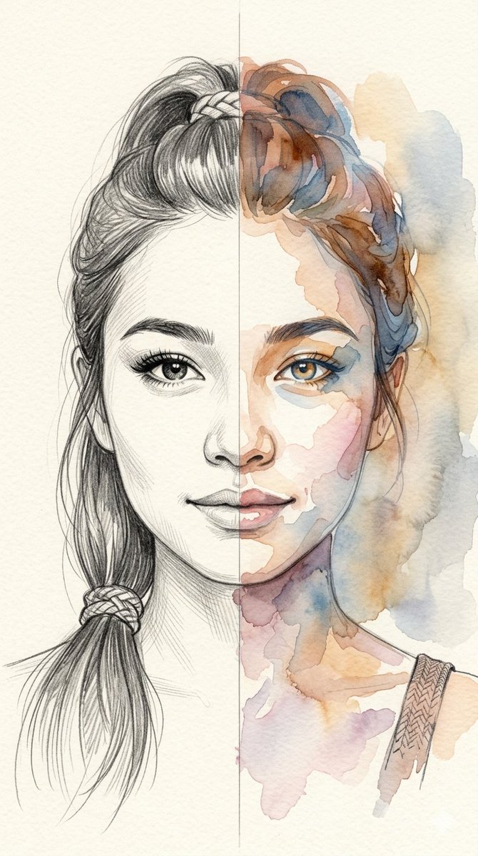 一幅垂直构图的分裂媒介肖像画，描绘了一位美丽可爱的混血年轻女性。图像完美地沿中线分割，展示两种截然不同的艺术风格。她面部的左侧以精细的铅笔素描呈现，线条细腻精致，阴影柔和，头发和眼睛具有逼真的...