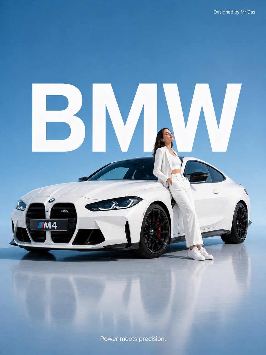 极简风格商业广告，画面中是一辆超大尺寸的白色 BMW M4 跑车，设计极致简洁。一位身穿全白套装的年轻女性随意倚靠在巨大的汽车旁，姿态放松自信，双眼紧闭。背景为柔和的蓝色渐变，后方是醒目的大号...