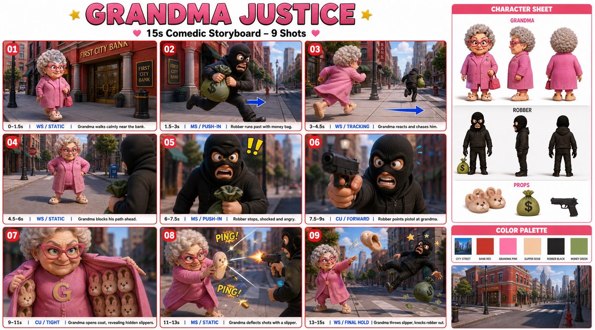 标题：“GRANDMA JUSTICE” 副标题：“15s Comedic Storyboard – 9 Shots” 风格：全彩 3D 动画分镜表，电影卡通风格，精致灯光，表情丰富，鲜艳色彩...