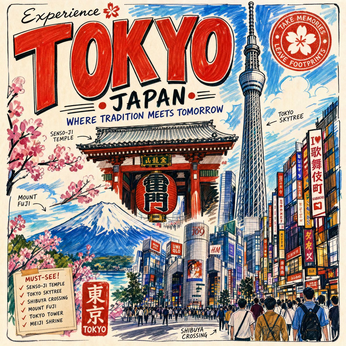 [城市/地点]的旅游海报，采用充满活力的马克笔艺术风格，以粗犷的笔触、鲜艳的色彩、手绘马克笔质感、类素描的轮廓和涂色书的审美来描绘[地标1、地标2、地标3]等地标性建筑。包含动态的城市景观、富...
