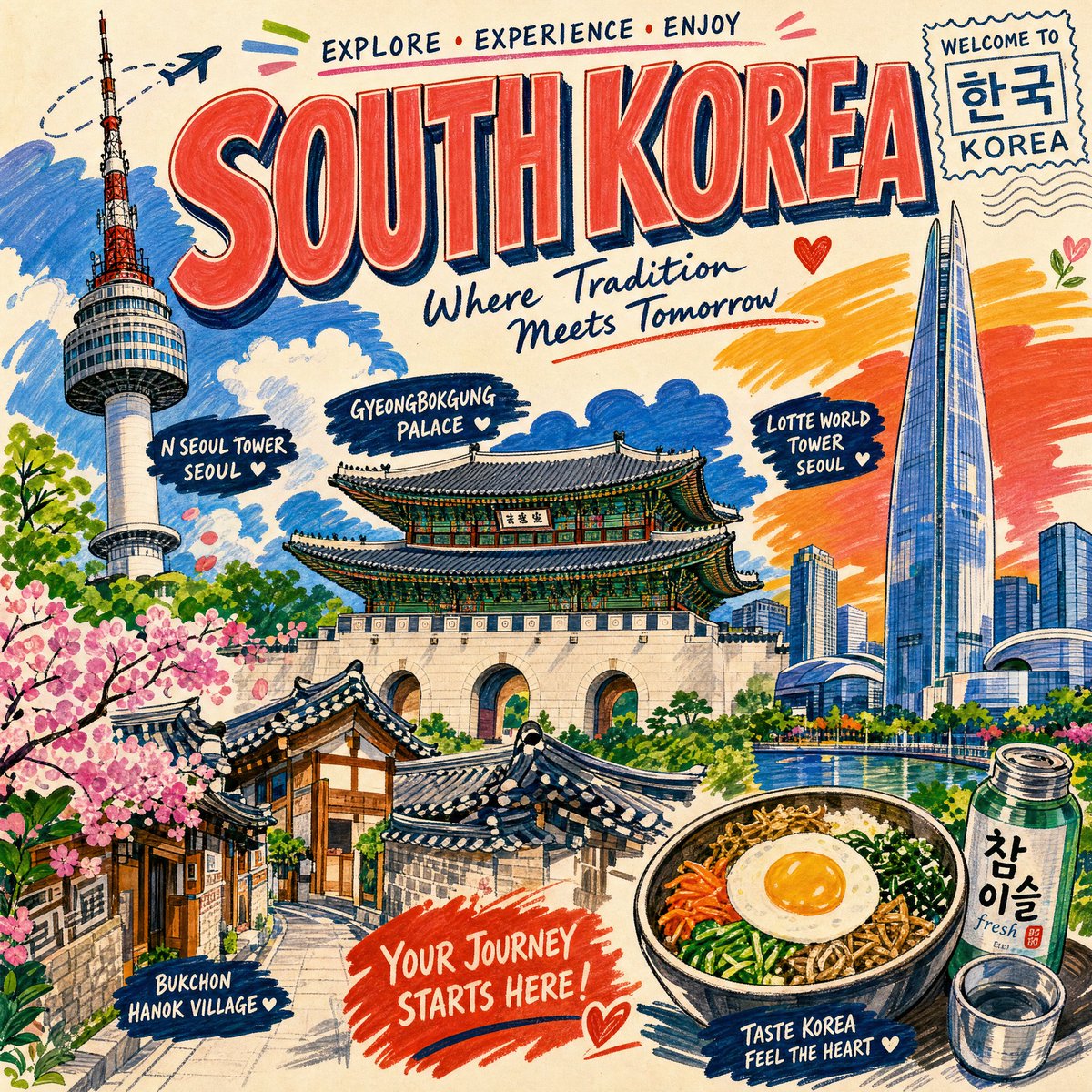 [城市/地点]的旅游海报，采用充满活力的马克笔艺术风格，以粗犷的笔触、鲜艳的色彩、手绘马克笔质感、类素描的轮廓和涂色书的审美来描绘[地标1、地标2、地标3]等地标性建筑。包含动态的城市景观、富...