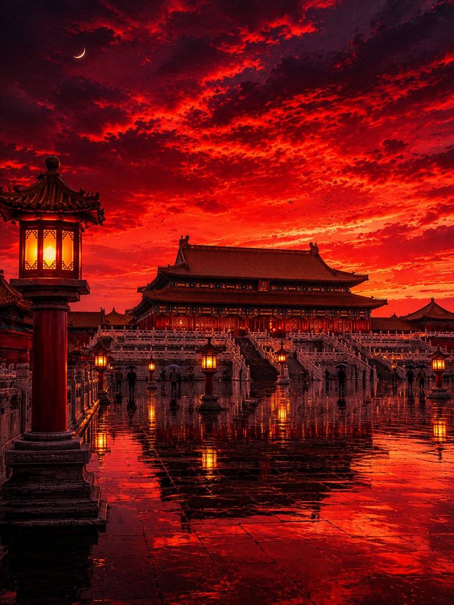一幅令人叹为观止的电影感数字艺术作品，描绘雨后北京紫禁城在浓郁深红夕阳下的壮丽景象，展现宏伟的中国古代宫殿建筑，在戏剧性、炽热、密集而富有质感云层的笼罩下，由发光的金色灯笼照亮。标志性的皇家大...