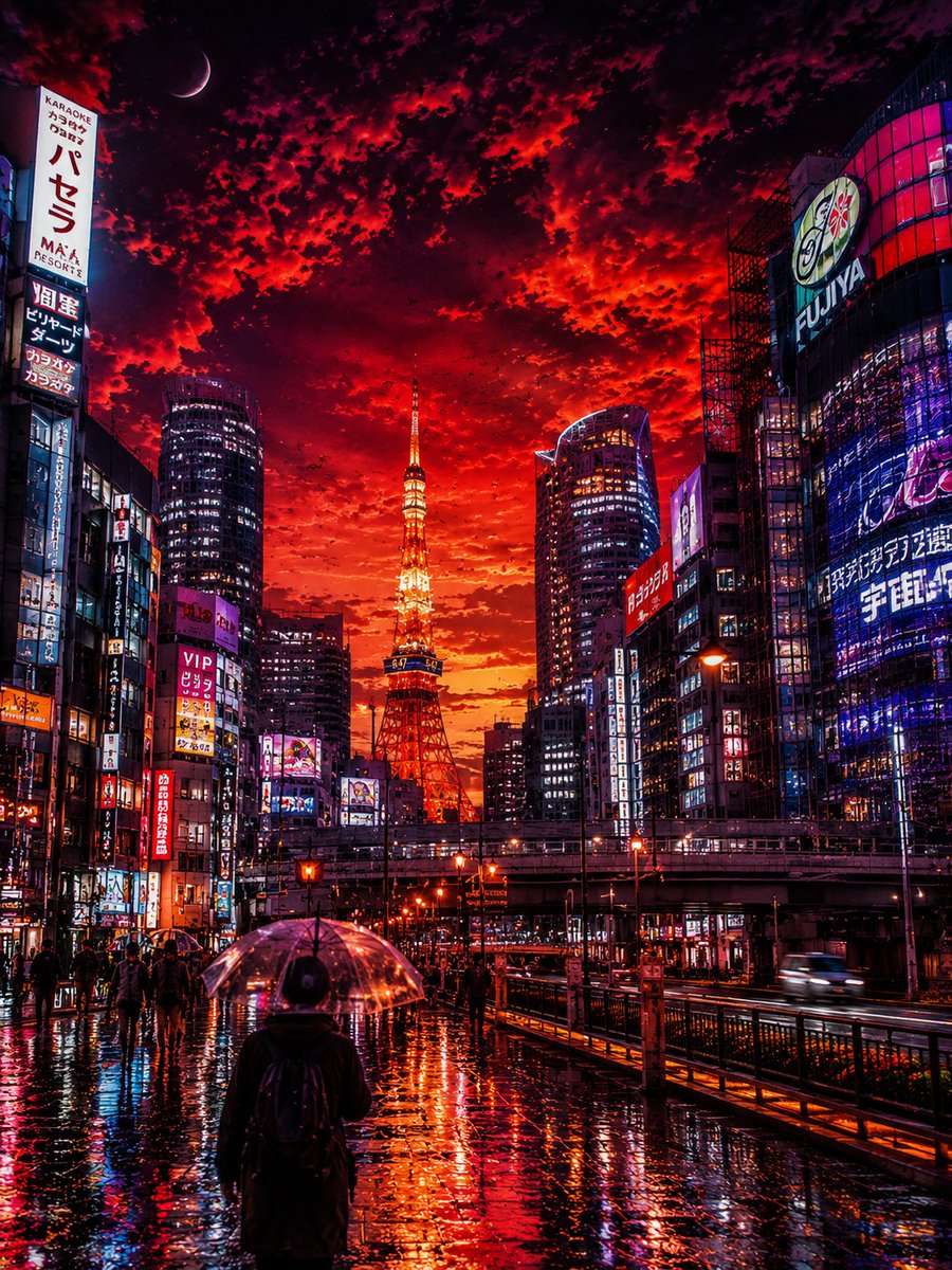 一幅令人叹为观止的电影感数字艺术作品，描绘雨后北京紫禁城在浓郁深红夕阳下的壮丽景象，展现宏伟的中国古代宫殿建筑，在戏剧性、炽热、密集而富有质感云层的笼罩下，由发光的金色灯笼照亮。标志性的皇家大...