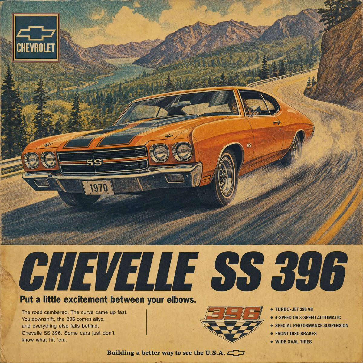 复古1970年代汽车杂志广告海报，品牌为[BRAND]，画面中是一辆[COLOR]色[CAR]在[SCENERY]中漂移，低角度前部三分之二视角，戏剧性的运动条纹，手绘水粉与喷枪质感，温暖褪色...