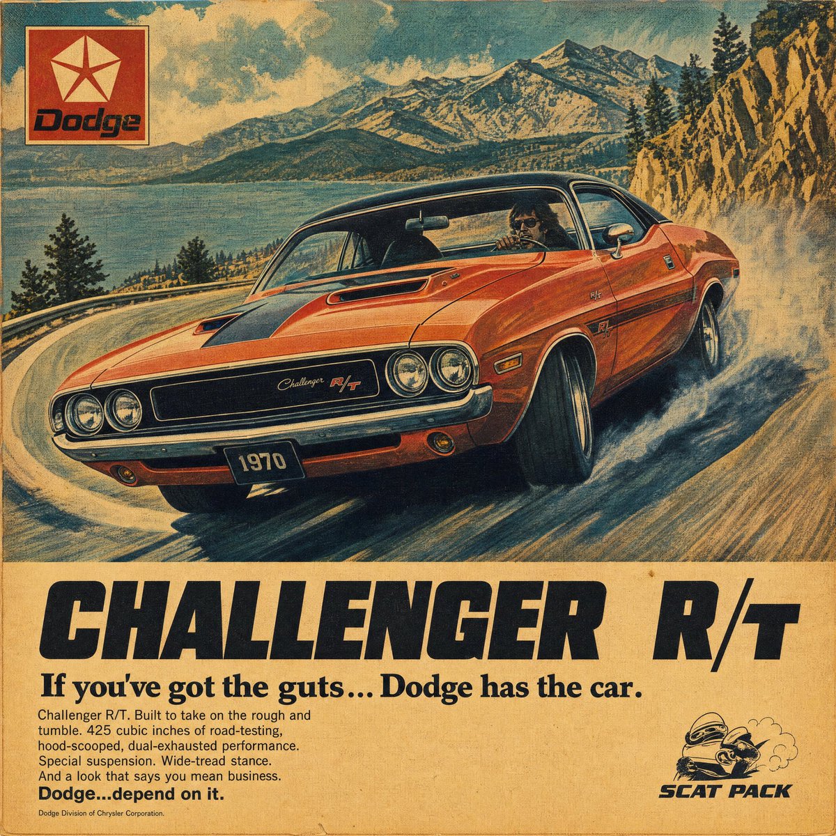 复古1970年代汽车杂志广告海报，品牌为[BRAND]，画面中是一辆[COLOR]色[CAR]在[SCENERY]中漂移，低角度前部三分之二视角，戏剧性的运动条纹，手绘水粉与喷枪质感，温暖褪色...