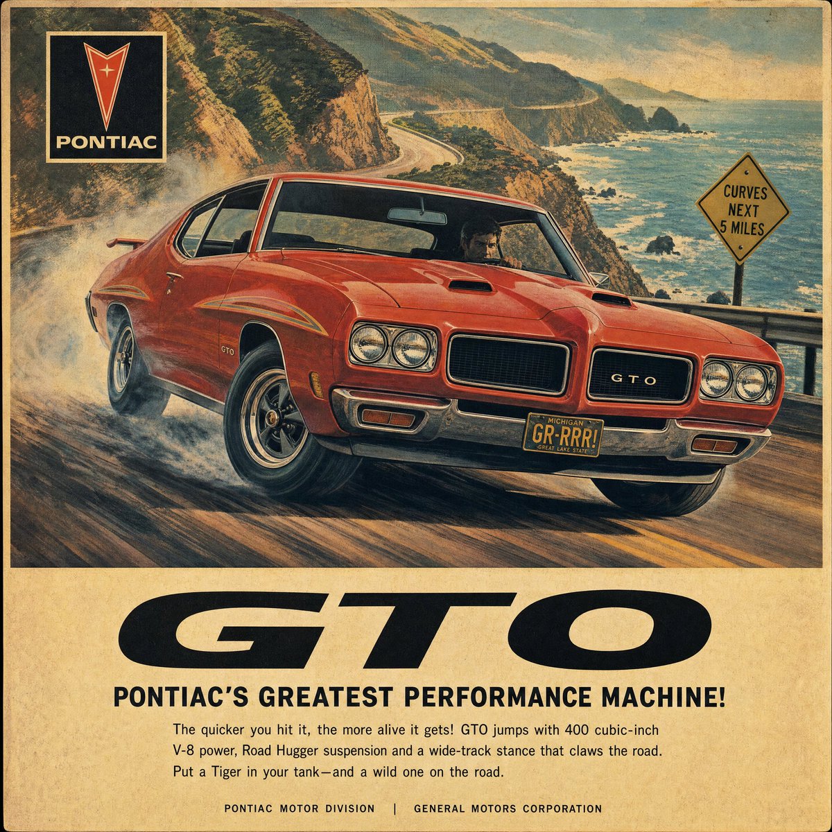 复古1970年代汽车杂志广告海报，品牌为[BRAND]，画面中是一辆[COLOR]色[CAR]在[SCENERY]中漂移，低角度前部三分之二视角，戏剧性的运动条纹，手绘水粉与喷枪质感，温暖褪色...