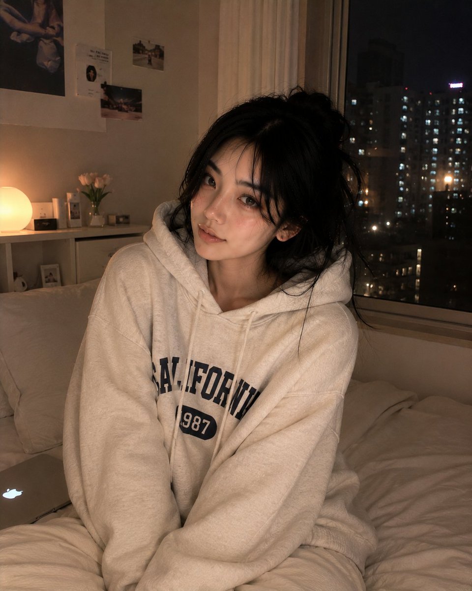 超写实风格的舒适深夜卧室人像,一位美丽的韩国女性慵懒地躺在她的床上,随意地面对镜头,神情平静而带着睡意。头发松散地扎成一个凌乱的发髻,柔软松散的发丝修饰着脸庞,眼神有光泽,淡粉妆容,光滑逼真的...