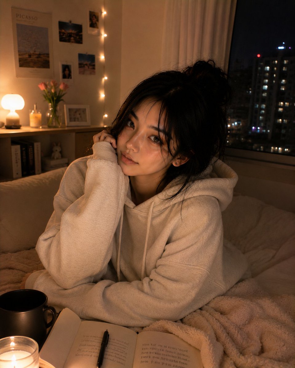 超写实风格的舒适深夜卧室人像,一位美丽的韩国女性慵懒地躺在她的床上,随意地面对镜头,神情平静而带着睡意。头发松散地扎成一个凌乱的发髻,柔软松散的发丝修饰着脸庞,眼神有光泽,淡粉妆容,光滑逼真的...