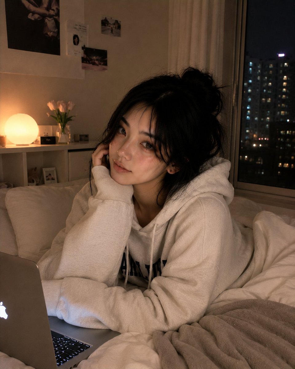超写实风格的舒适深夜卧室人像,一位美丽的韩国女性慵懒地躺在她的床上,随意地面对镜头,神情平静而带着睡意。头发松散地扎成一个凌乱的发髻,柔软松散的发丝修饰着脸庞,眼神有光泽,淡粉妆容,光滑逼真的...
