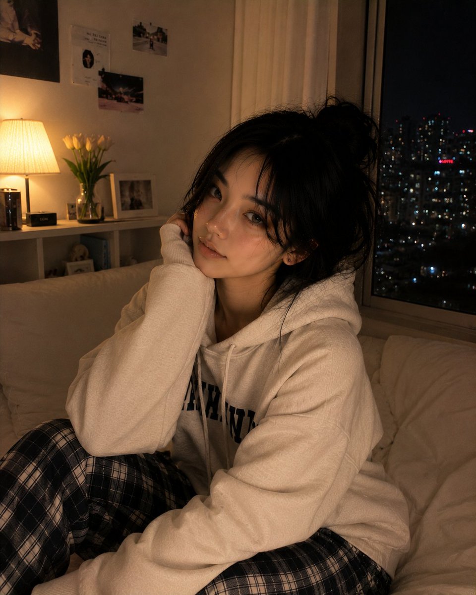 超写实风格的舒适深夜卧室人像,一位美丽的韩国女性慵懒地躺在她的床上,随意地面对镜头,神情平静而带着睡意。头发松散地扎成一个凌乱的发髻,柔软松散的发丝修饰着脸庞,眼神有光泽,淡粉妆容,光滑逼真的...