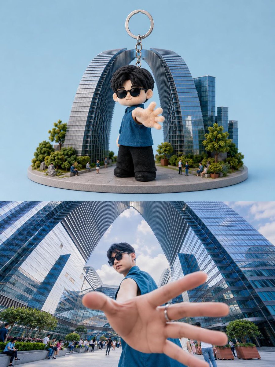 创建一个分屏构图，展示一个逼真的收藏款钥匙扣手办以及它的现实灵感来源。 上半部分：可爱的Q版（chibi）3D微缩钥匙扣角色，拥有夸张的大头、黑色凌乱发型、黑色墨镜、蓝色无袖上衣、黑色裤子，以...