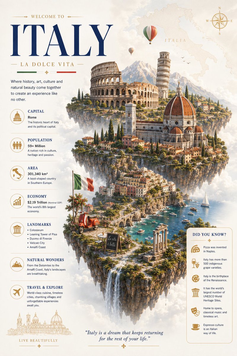 GPT Image 2 on ChatGPT ITALY 的极简电影信息图海报，悬浮在柔和大气云层中的优雅浮空岛，奢华的编辑级旅行设计，明亮的象牙白与香槟米色背景，带有微妙的复古欧洲地图纹理，...