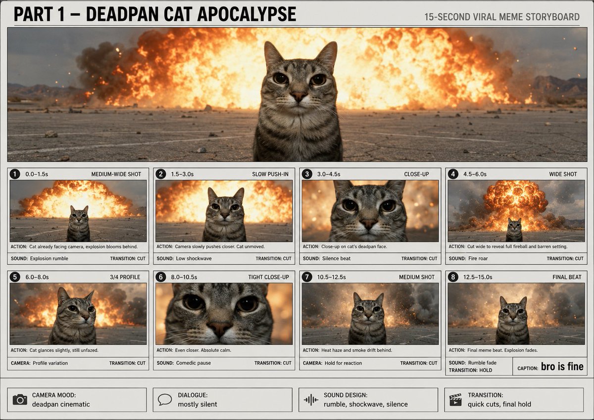 制作一个15秒的爆款电影感猫咪梗视频。使用 @ ChatGPT Image May 26, 2026, 04_49_11 PM.png 作为分镜结构参考，使用 @ ChatGPT Image...