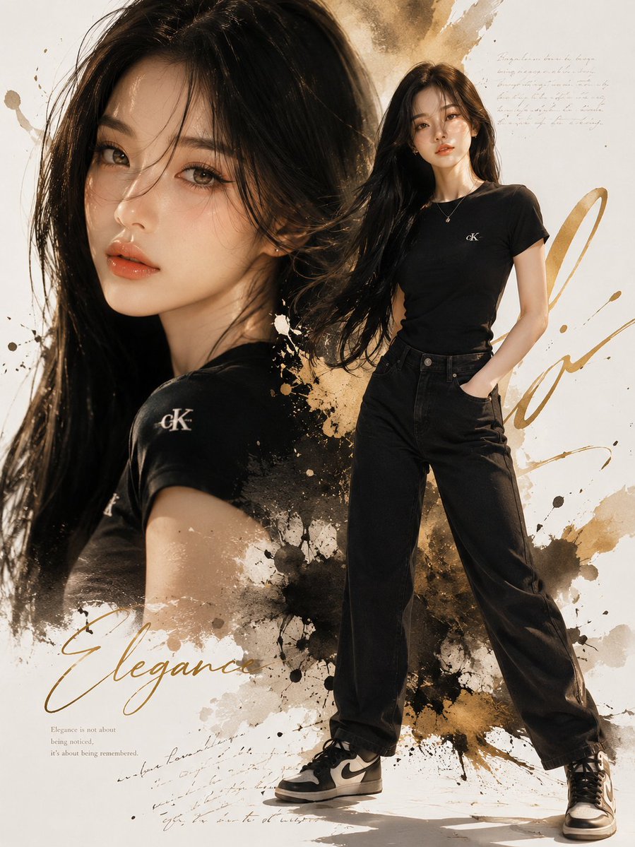 上传图片中的年轻韩国女性，超写实风格，优雅的拼贴海报，剪裁合身的黑色T恤配极简标志logo，黑色牛仔短裤，黑色高帮Nike耐克运动鞋，长直丝滑深黑色头发，柔和的发丝修饰脸庞，光泽裸桃色嘴唇，抖...