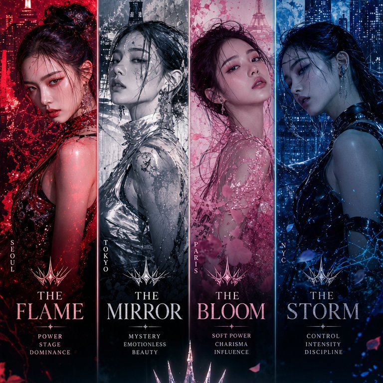 超高端 K-pop 回归企划，主打四人全球女子组合，呈现奢华混乱、情感力量与未来感女性气质。 专辑视觉识别融合： 赛博朋克霓虹之夜 + 高定时装...