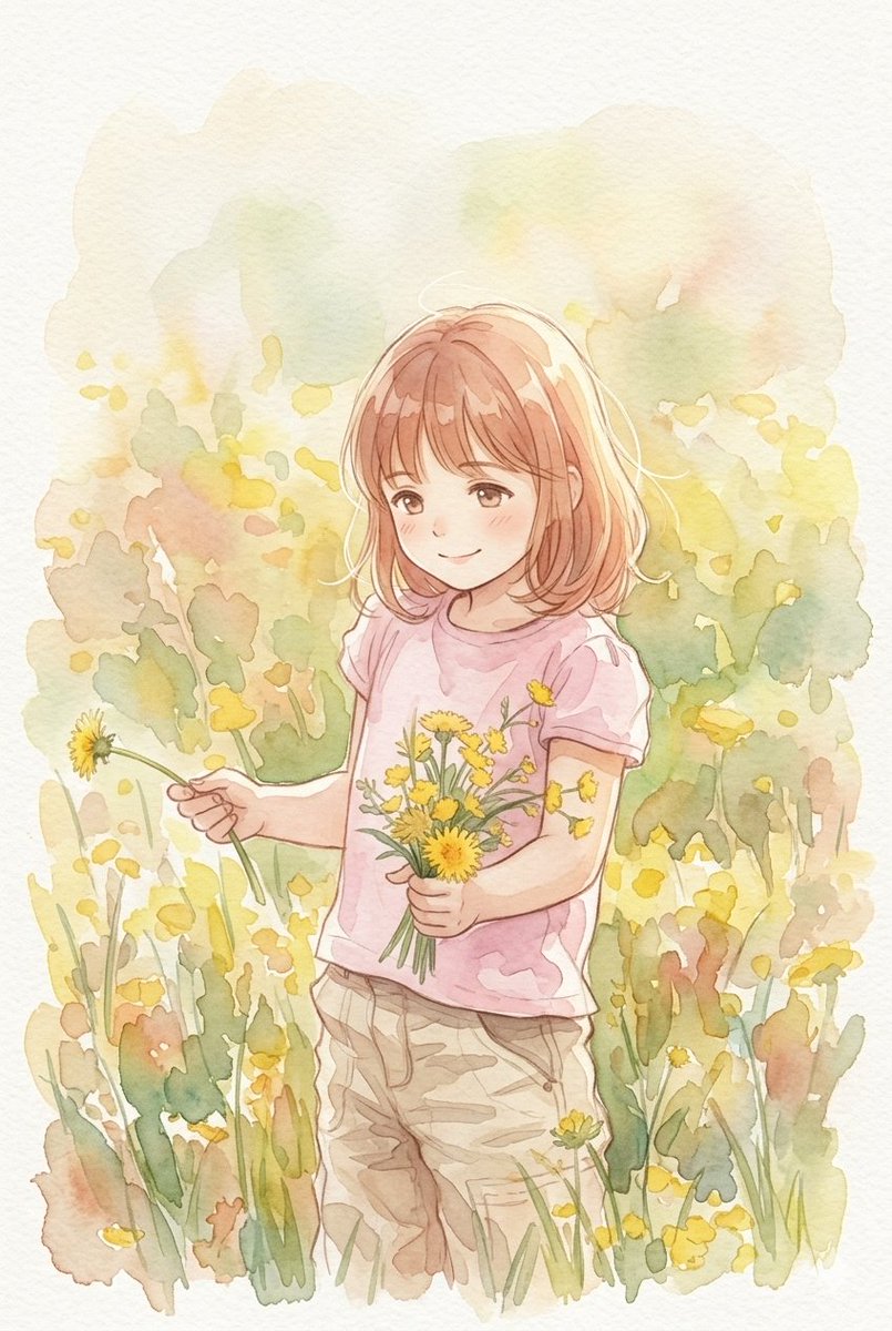 一幅动漫风格的竖版水彩插画，描绘了一位年轻女孩，她有着齐肩的浅棕色头发，身着柔软的粉色T恤和浅卡其色工装裤。画面采用柔和流畅的水彩晕染技法，展现了她在一片充满生机、阳光普照的开满绿草和黄蒲公英...