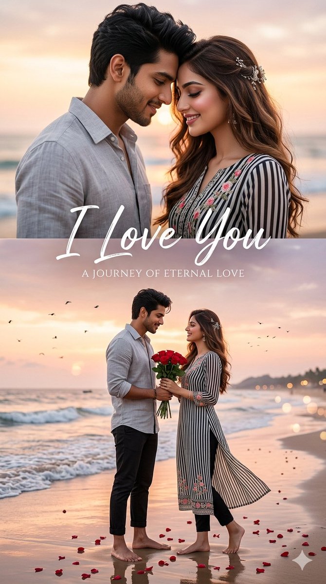 超写实浪漫婚前海报：一对年轻的南亚情侣赤脚站在美丽的海滩上，沐浴在灿烂的夕阳余晖中。英俊的男士留着时尚的有纹理黑色短发、淡淡的胡须，身穿浅灰色亚麻衬衫，袖口卷起，温柔地微笑着，与身旁的女伴相依...